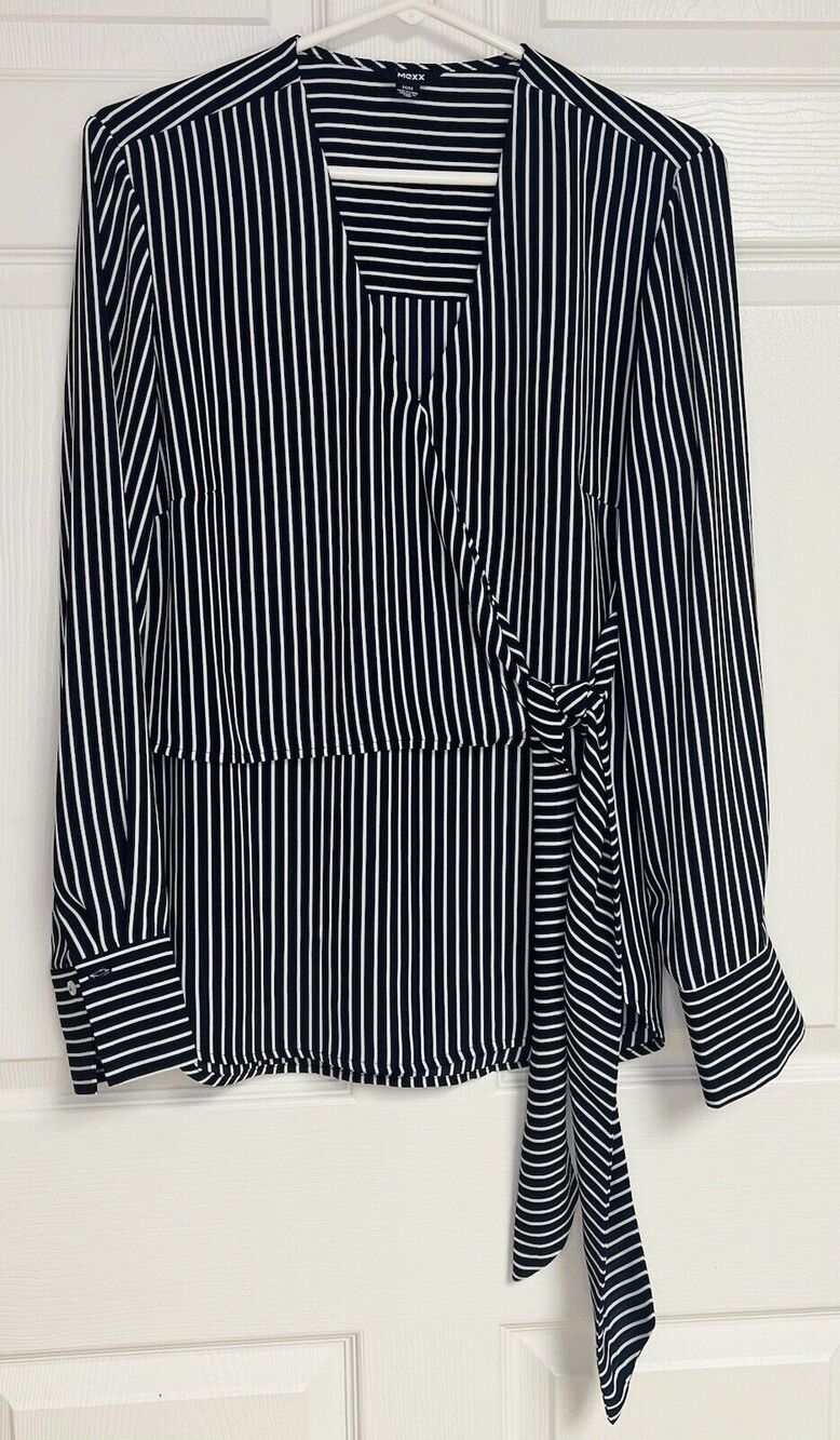 MEXX Women's Blue and White Striped Long Sleeve SZ M Wrap Dutch Brand